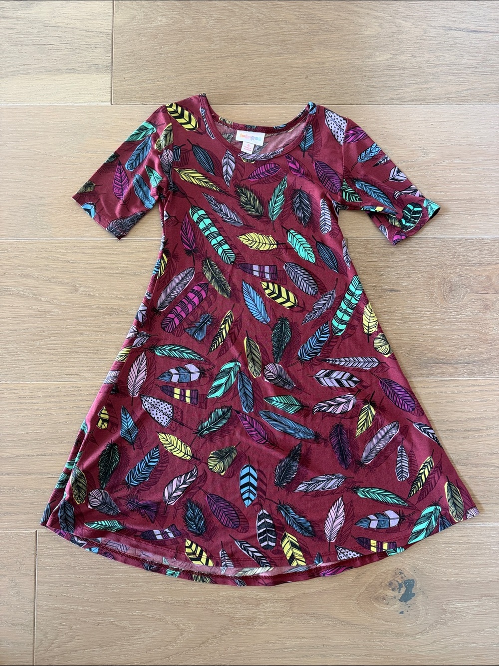 LulaRoe Girls Feather-Print Maroon Dress